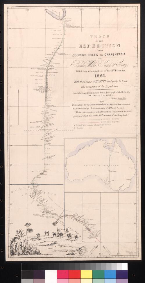 Track of the expedition from Coopers Creek to Carpentaria by Burke, Wills, King & Gray which they accomplished on the 11th February 1861 [cartographic material] : with the course of Howitt and party to trace the remains of the expedition / carefully compiled from their diaries, lithographed & published by De Gruchy & Leigh