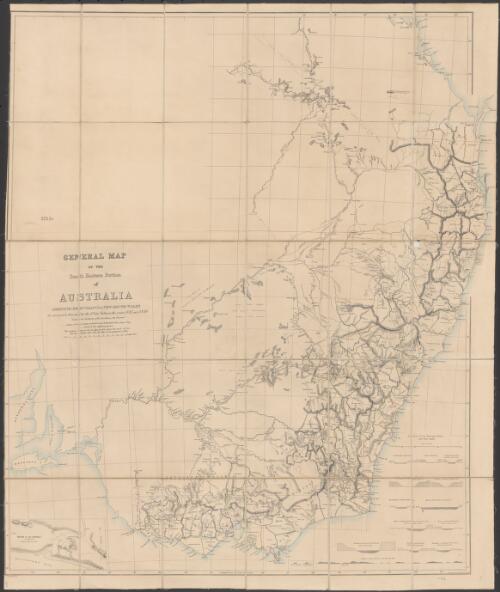 General map of the south eastern portion of Australia [cartographic material] : shewing the colony of New South Wales as surveyed and divided by the Sr. Genl. [i.e. Surveyor General] between the years 1827 and 1850 / Sir T.L. Mitchell, del. ; J. Carmichael, sc., Kent Strt., North Sydney