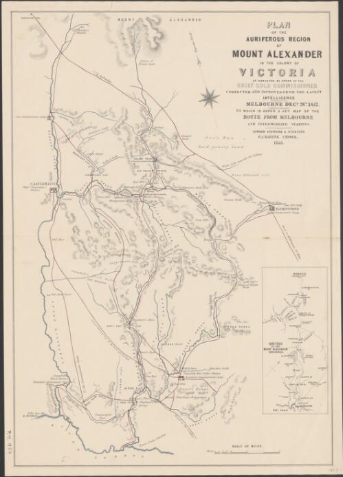 Plan of the auriferous region of Mount Alexander in the colony of Victoria as surveyed by order of the Chief Gold Commissioner,  corrected and improved from the latest intelligence, Melbourne, Decr. 28th 1852 [cartographic material] : to which is added a key map of the route from Melbourne and intermediate stations