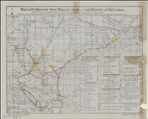 Pocket map of the roads to all the mines in Victoria [cartographic material] : with the new mines and the cross roads from one mine to another : divided into squares of ten miles each to easily find out and mark the new mines which may be hereafter discovered in Victoria / compild. [i.e. compiled] by F. Proeschel ; on stone by James B. Philp