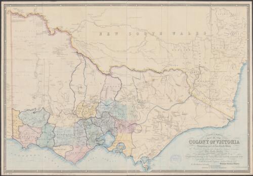 Tulloch & Brown's Map of the Colony of Victoria comprising part of New South Wales the boundaries, counties also seaport and inland townships, the gold fields with the latest discoveries, roads, tracks, &c. &c. [cartographic material] / compiled from drawings in the Survey Office and correctly revised til 1856 ; respectfully dedicated by permission to the Honorable Captain Andrew Clarke, R.E., Surveyor General of Victoria by his obedient servants Tulloch & Brown, engravers & publishers, Melbourne