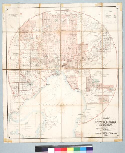 Map of the settled district of Melbourne [cartographic material] : carefully compiled from maps in the Office of the Survey Department, Victoria / lithographed & published by Thomas Ham, Central Land Office, Swanston St