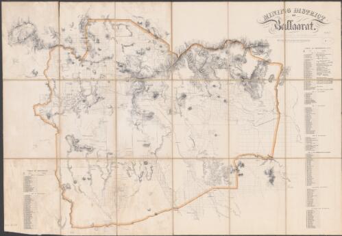 Mining district of Ballaarat [cartographic material] : compiled from the maps in the Surveyor Generals Office and the mining surveyors plans at the Office of the Board of Science, R. Brough Smyth, Secretary, 25 June 1859 / lithographed and printed in colours by DeGruchy & Leigh, Melbourne
