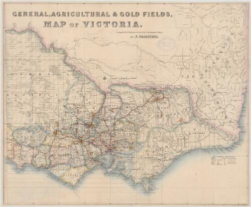 General, agricultural & gold fields, map of Victoria [cartographic material] / compiled & reduced from the government maps by F. Proeschel ; Slight & Grieve, engravers, Melbourne