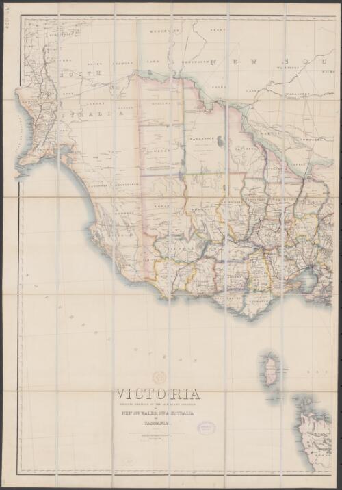 Victoria showing portions of the adjacent colonies of New Sth. Wales, Sth. Australia and Tasmania [cartographic material] / compiled & engraved at the Department of Lands & Survey, Melbourne, under the direction of A.J. Skene, M.A. Surveyor General ; James Slight, engraver