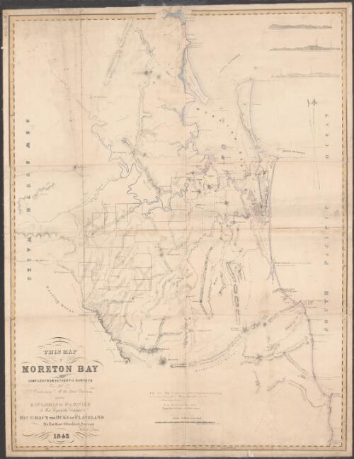 This map of Moreton Bay [cartographic material] / compiled from authentic surveys and containing all the latest discoveries made by exploring parties is most respectfully dedicated to His Grace the Duke of Cleveland by his most obedient servant Robert Dixon
