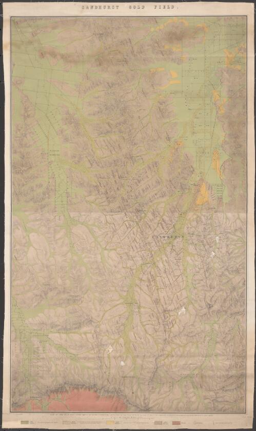 Sandhurst gold field [cartographic material] / surveyed and compiled under the direction of R. Brough Smyth, F.G.S. and Assoc. Inst. C. E. Secretary for Mines and Thos. Couchman, Chief Mining Surveyor, The Honorable Angus Mackay, M.P. Minister of Mines ; additions made to the survey and the map geologically colored under the same direction by Regd. A.F. Murray, April 1873