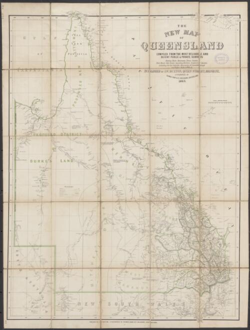 The new map of Queensland [cartographic material] : compiled from the most reliable and recent public & private surveys / published by J.W. Buxton, Queens Street, Brisbane ; lithographed by Thomas Ham & Co. Brisbane, Queensland 1863