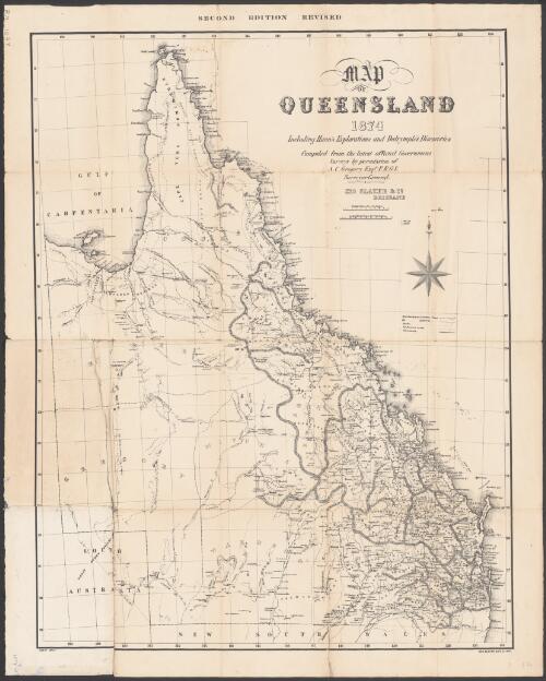 Map of Queensland 1874 [cartographic material] : including Hann's explorations and Dalrymple's discoveries / compiled from the latest official Government surveys by permission of A.C. Gregory Esqr. F.R.G.S. Surveyor General