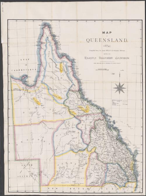 Map of Queensland, 1874 [cartographic material] : compiled from the latest official Government surveys, showing the recently discovered goldfields