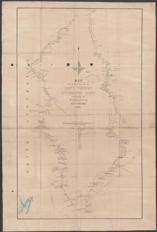 Map shewing route traversed by North Western Exploration Party commanded by W.O. Hodgkinson, Queensland, 1876 [cartographic material]
