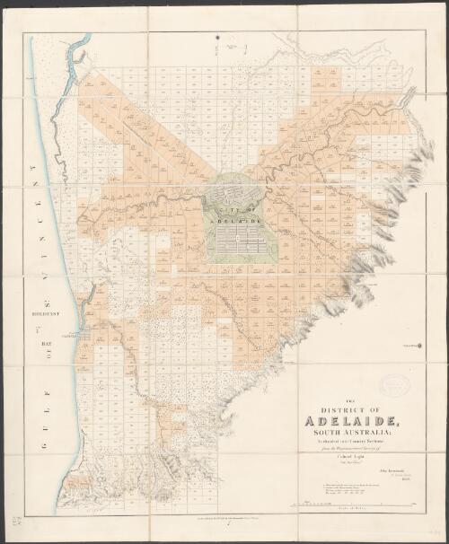 The district of Adelaide, South Australia [cartographic material] : as divided into country sections / from the trigonometrical surveys of Colonel Light, late Survr. Genl. ; John Arrowsmith, 35 Essex St., 1839