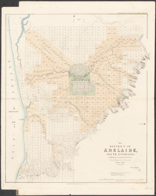 The district of Adelaide, South Australia [cartographic material] : as divided into country sections, from the trigonometrical surveys of Colonel Light, late Survr. Genl. / John Arrowsmith, 35 Essex Street