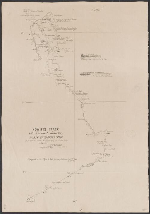 Howitt's track of second journey north of Cooper's Creek and track from Wallconnay to Lake Hope [cartographic material] / (signed) A.W. Howitt, August 3rd, 1862, Leader V.E.P
