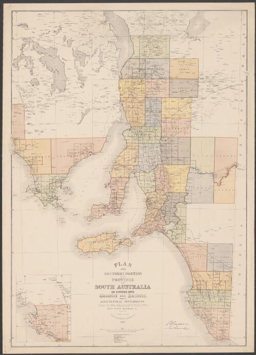 Plan of the southern portion of the province of South Australia as divided into counties and hundreds [cartographic material] : showing agricultural settlements, post towns, telegraph stations, main roads, railways &c. / compiled in the Office of the Surveyor General