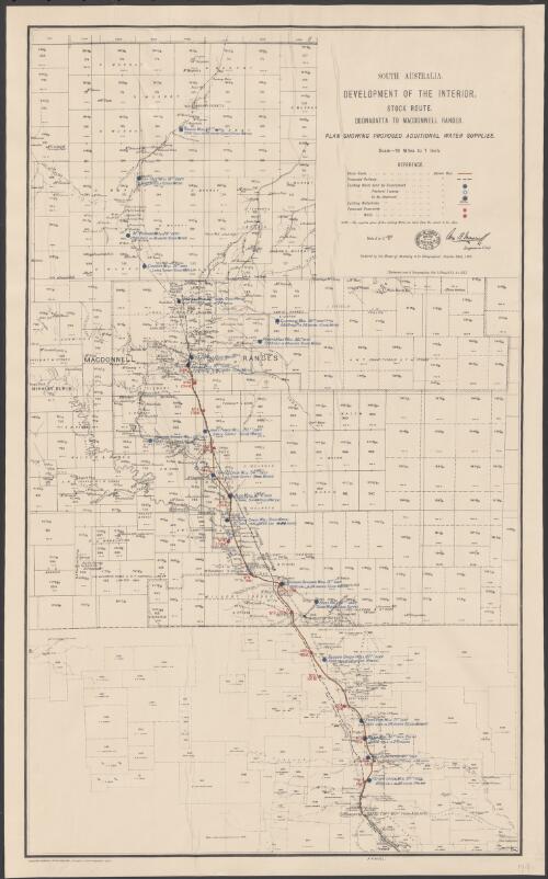 South Australia, development of the interior [cartographic material] : stock route, Oodnadatta to Macdonnell Ranges : plan showing proposed additional water supplies / [signed] Alex B. Moncrieff, Engineer-in-Chief, Engineer-in-Chief's Office, South Australia