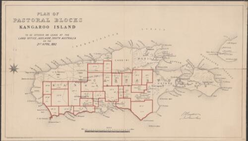 Plan of pastoral blocks, Kangaroo Island [cartographic material] : to be offered on lease at the Land Office, Adelaide, South Australia on 21st April 1892 / [signed] G.W. Goyder, Sur. General