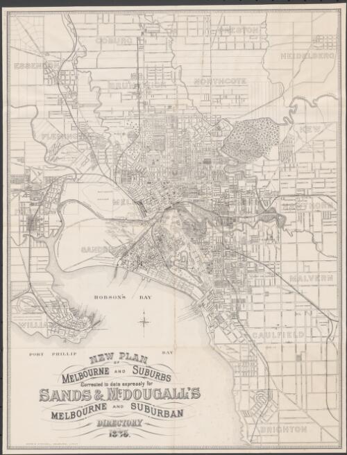 New plan of Melbourne and suburbs [cartographic material] : corrected to date expressly for Sands & McDougall's Melbourne and Suburban Directory / Sands & McDougall, Melbourne, lithors