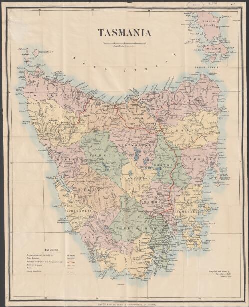 Tasmania [cartographic material] / compiled and drawn by Leventhorpe Hall, January 1884