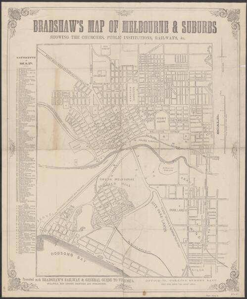 Bradshaw's Map of Melbourne & suburbs [cartographic material] : showing the churches, public institutions, railways, &c. / F. Grosse