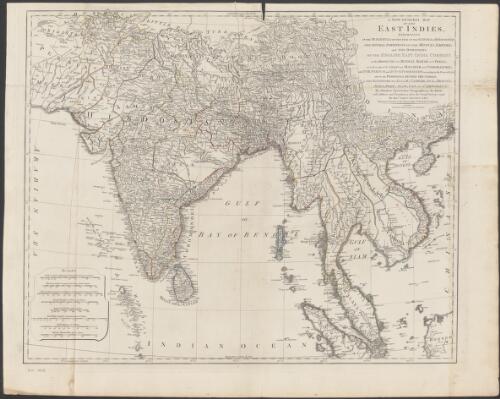 A new general map of the East Indies [cartographic material] : exhibiting in the Peninsula on this side of the Ganges, or Hindoostan the several partitions of the Mogul's Empire : and the Dominions of the English East India Company in the provinces of Bengal, Bahar, Orixa, as well as upon the coasts of Malabar and Coromandel ; with the French and Dutch possessions according to the peace of 1815 : and in the peninsula beyond the Ganges, the kingdoms of Assam, Cashar, Aua, Aracan, Mien, Pegu, Siam, Lao and Cambodia &cc. / by Thomas Jefferys, Geographer to the King with additions and emendations from the actual surveys made by Majr. James Rennel F.R.S. Surveyor General to the Honourable East India Company