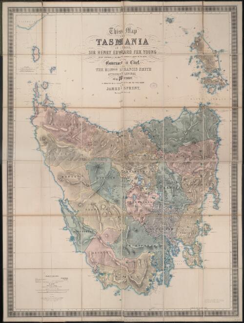 This map of Tasmania in 1859 [cartographic material] / Sir Henry Edward Fox Young, Knight Companion of the Most Honorable Order of the Bath, being Governor in Chief and the Honble Francis Smith, Attorney General, being Premier is dedicated to His Excellency and the Parliament by James Sprent, Surveyor General