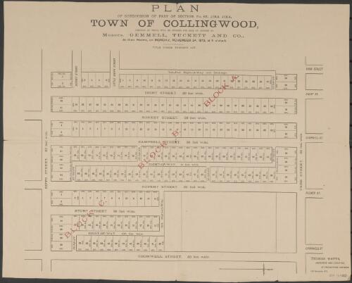 Plan of subdivision of part of section no. 67, Jika Jika, town of Collingwood [cartographic material] : portions of which will be offered for sale at auction by Messrs. Gemmell, Tuckett and Co., at their rooms, on Monday, November 24, 1873, at 11 o'clock