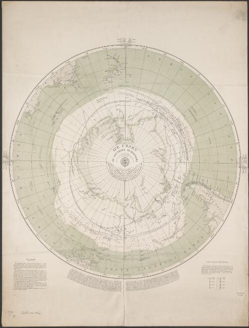 Ice chart of Southern Hemisphere [cartographic material] : compiled from the voyages of Cook, 1772-5, Bellingshausen, 1819-21, Weddell, 1822-4, Foster, 1828-9, Biscoe, 1830-2, Balleny, 1839, D'Urville, 1839, Wilkes, 1839, and Ross, 1841-2-3. ; from the papers on Icebergs in the Southern Ocean, by Mr. Towson, 1855-59 ; from 12th no. Metereological papers (Board of Trade), 1865, and documents in the Hydrographic Office / prepared for publication by Staff Com. F.J. Evans, and G.E. McDougall, Staff R.N