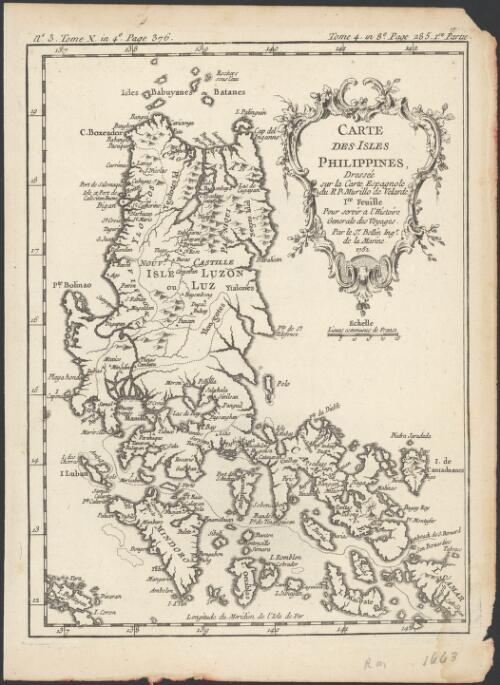 Carte des isles Philippines [cartographic material] / dressée sur la carte Espagnole du R. P. Murillo de Velarde, 1re Feuille pour servir a l'Histoire générale des voyages par le Sr. Bellin Ingr. de la Marine