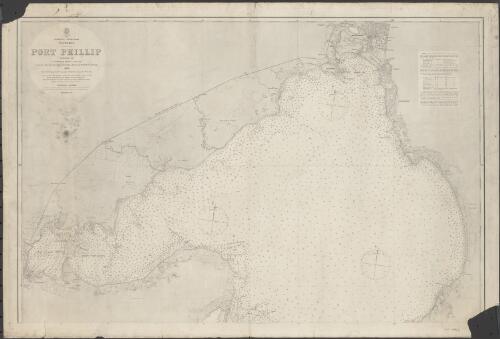 Port Phillip [cartographic material] / surveyed by Commander Henry L. Cox, R.N. assisted by Thos. Bourchier, Master J.G. Boulton, Master's Asst. R.N. & Mr. P.H. McHugh 1864; drawn by R.C. Carrington, F.R.G.S.  Hyd. Off. ; engraved by  J. & C. Walker