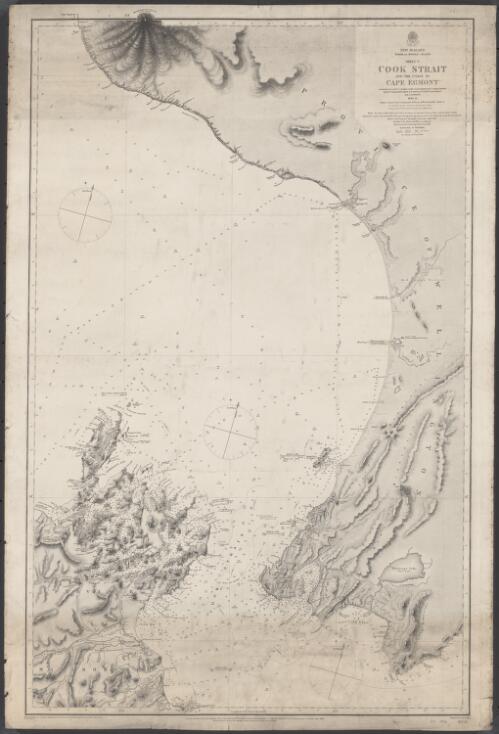 New Zealand, North and Middle Island. Sheet V, Cook Strait and the coast to Cape Egmont [cartographic material] / surveyed by Captn. J.L. Stokes, Comr.  G.H. Richards, Mr. F. J. Evans, Master, Messrs. R. Bradshaw, Mate, J.W. Smith, 2nd Mastr. & R. Burnet, H.M.S. Acheron, 1849-51 ; engraved by J.& C. Walker