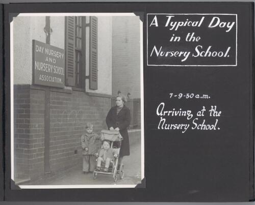 [Photograph of woman with two children], a typical day in the nursery school, 7-9.30 a.m., arriving at the nursery school [picture]