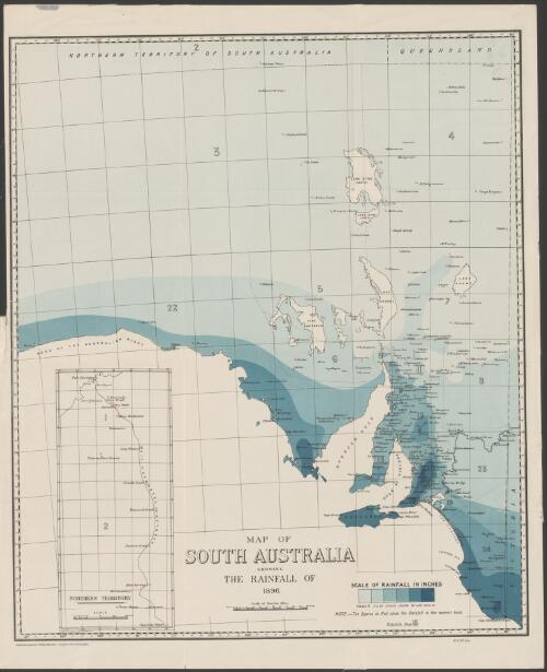 Map of South Australia showing the rainfall of 1896 [cartographic material] / Surveyor General's Office Adelaide ; A. Vaughan, photo-lithographer