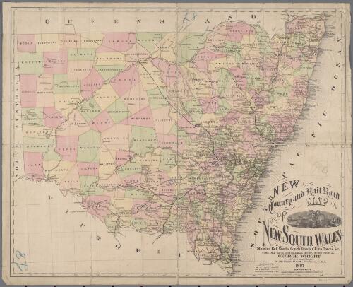 New county and rail road map of New South Wales [cartographic material] : showing rail roads, coach roads, cities, towns &c. / George Wright