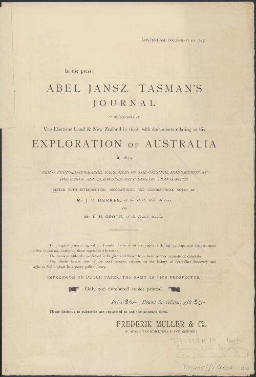 [Tasman's manuscript of his discovery of Australia] [cartographic material] : with notes by Mr. J. E. Heeres and Mr. C.H. Coote