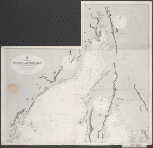 South Australia - St. Vincent and Spencer Gulfs [cartographic material] / surveyed by Commander J. Hutchinson, R.N. [i.e. Hutchison] & Staff Commr. F. Howard, R.N., Navg. Lieutt, M.S. Guy, Navg. Sub-Lieuts. W.N. Goalen & H. Roxby, R.N., 1863-73 ; drawn by A.J. Boyle, Hydrographic Office ; engraved by Edward Weller