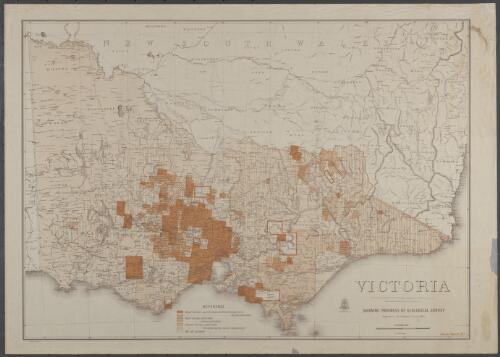 Victoria [cartographic material] / compiled & engraved at the Department of Lands and Survey, Melbourne under the direction of J.M. Reed I.S.O. Surveyor General, The Hon. Hugh McKenzie M.L.A. Commissioner of Lands and Survey; showing progress of Geological Survey; compiled in the Geological Survey Office, James Slight, engraver