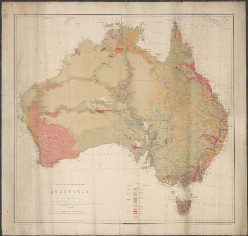 First sketch of a geological map of Australia including Tasmania [cartographic material] / by R. Brough Smyth, Secretary for Mines and Chief Inspector of Mines for the Colony of Victoria etc., etc.; drawn and coloured by Arthur Everett