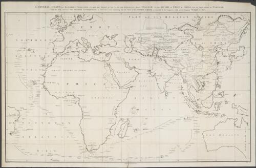 A general chart, on Mercator's projection, to shew the track of the Lion and Hindostan from England to the Gulph of Pekin in China, and of their return to England [cartographic material] : with the daily statement of the barometer and thermometer as observed at noon: containing also the limits of the Chinese Empire as extended by the conquests of the present Emperor Tchien-Lung / B. Baker sculpt. ; J. Barrow delt