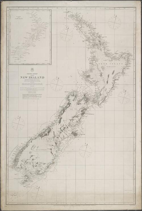 Pacific Ocean - New Zealand [cartographic material] : from surveys in H.M. ships Acheron & Pandora / Captn J.L. Stokes, Comdrs B. Drury and G.H. Richards, assisted by Messrs F.J. Evans, J.W. Smith, R. Bradshaw, R. Burnett, D. Pender, T. Kerr, J.H. Kerr, P.W. Oke, J.H. Ellis, A. Farmer, G. Stanley, A.W. Blackney, Royal Navy, 1848-1855 ; engraved by J.& C. Walker