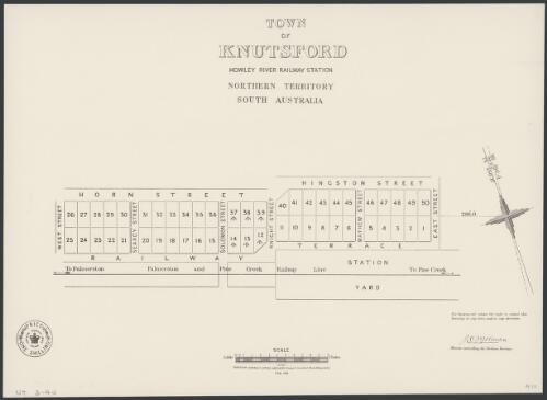 Town of Knutsford [cartographic material] : Howley River railway station, Northern Territory, South Australia / Frazer S. Crawford, photo-lithographer