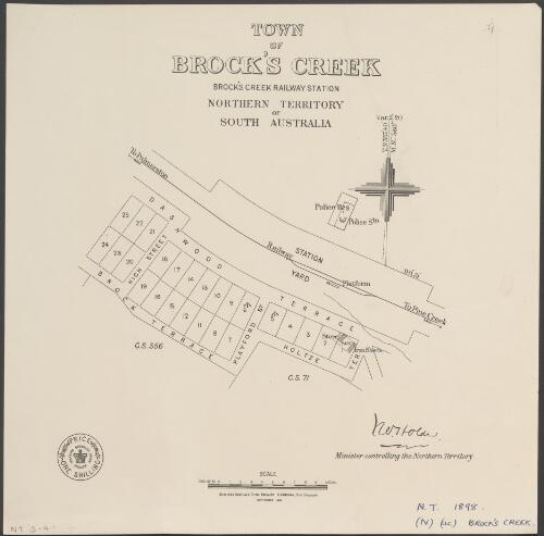 Town of Brock's Creek [cartographic material] : Brock's Creek railway station, Northern Territory of South Australia / A. Vaughan, photo-lithographer