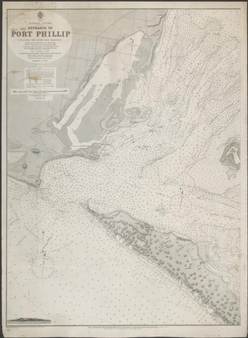 Australia-Victoria. Entrance to Port Phillip [cartographic material] : including the banks and channels / surveyed by Commander H.L. Cox R.N., 1864; The west channel by Navg. Lieut. H.J. Stanley, R.N., 1868; corrections in the south & west channels by Staff Comr. H.J. Stanley, R.N., 1874; engraved by Davies, Bryer & Co.; drawn by R.C. Carrington Hyd. Off.under the direction of Captain R. Hoskyn, R.N. Supt. of Charts