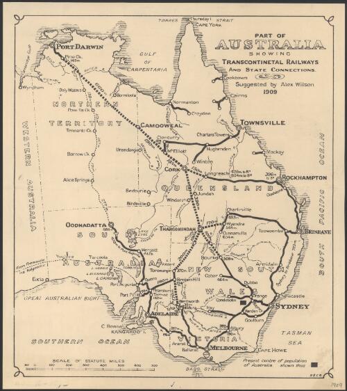 Part of Australia showing transcontinental railways and state connections [cartographic material] / suggested by Alex Wilson ; H.E.C.R