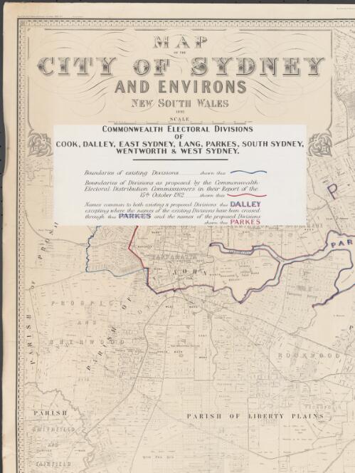 Map of the City of Sydney and environs, New South Wales, 1892 [cartographic material] : Commonwealth electoral divisions of Cook, Dalley, East Sydney, Lang, Parkes, South Sydney, Wentworth & West Sydney / [compiled by A. Paton & R.W. Vale, under the supervision of E.S. Vautin ; C.J. Saunders, Chief Draftsman ; drawn on stone by E.R. Morris]
