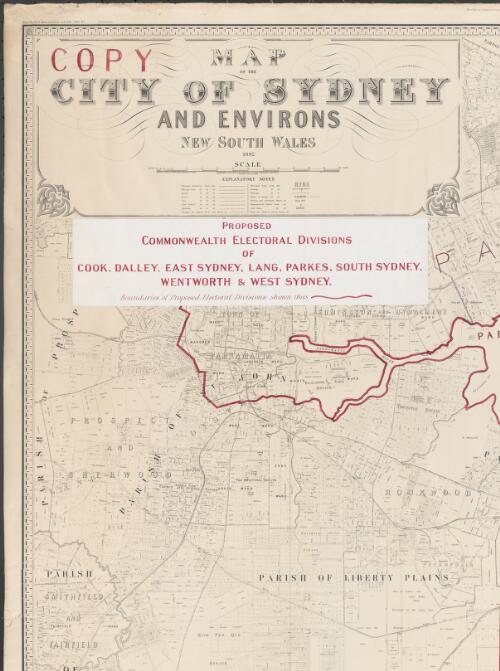 Map of the City of Sydney and environs, New South Wales, 1892 [cartographic material] : proposed Commonwealth electoral divisions of Cook, Dalley, East Sydney, Lang, Parkes, South Sydney, Wentworth & West Sydney / compiled by A. Paton & R.W. Vale, under the supervision of E.S. Vautin ; C.J. Saunders, Chief Draftsman ; drawn on stone by E.R. Morris