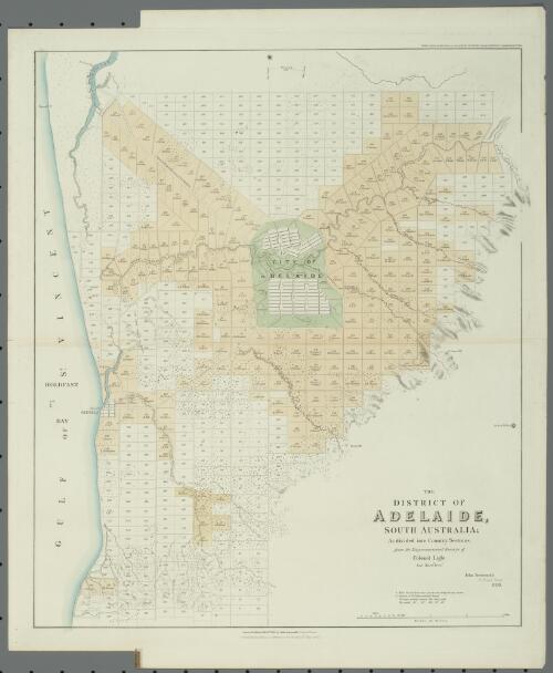 The district of Adelaide, South Australia [cartographic material] : as divided into county sections, from the trigonometrical surveys of Colonel Light, late Survr. Genl. / John Arrowsmith, 35 Essex Street