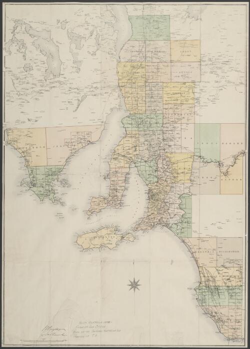 Plan of the southern portion of the province of South Australia as divided into counties and hundreds [cartographic material] showing post towns, telegraph stations, mainroads, railways & C. / Compiled in the office of the Surveyor General