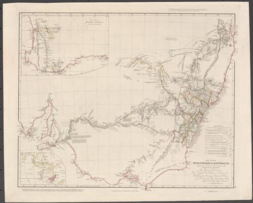Map of the discoveries in Australia [cartographic material] : copied from the latest M.S. Surveys in the Colonial Office / by permission dedicated to the Right Honble. Viscount Goderich, H.M., principal Secretary of State for the Colonies, and President of the Royal Geographical Society, by his Lordship's obliged servant J. Arrowsmith