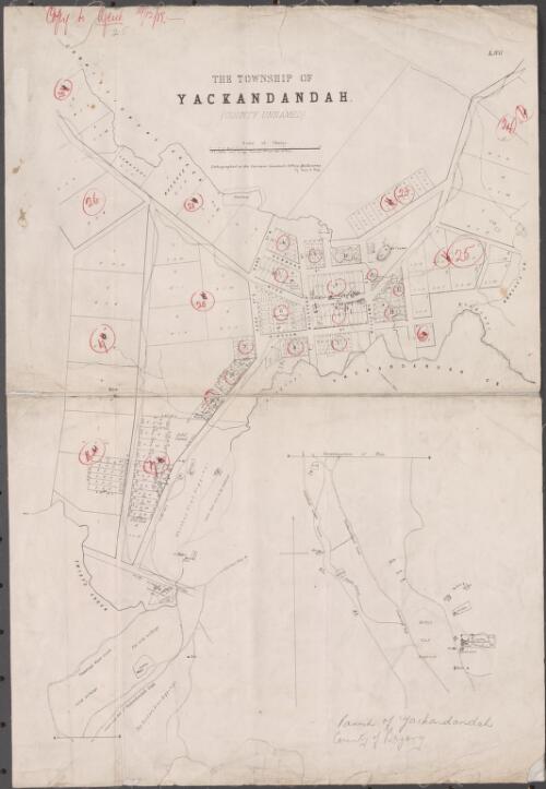 The township of Yackandandah (county unnamed) [cartographic material] / A.L. Martin, Asst. surveyor Beechworth 18th Novr. 1856 (No. 56) 530 ; lithographed at the Surveyor General's Office (by James B. Philp)